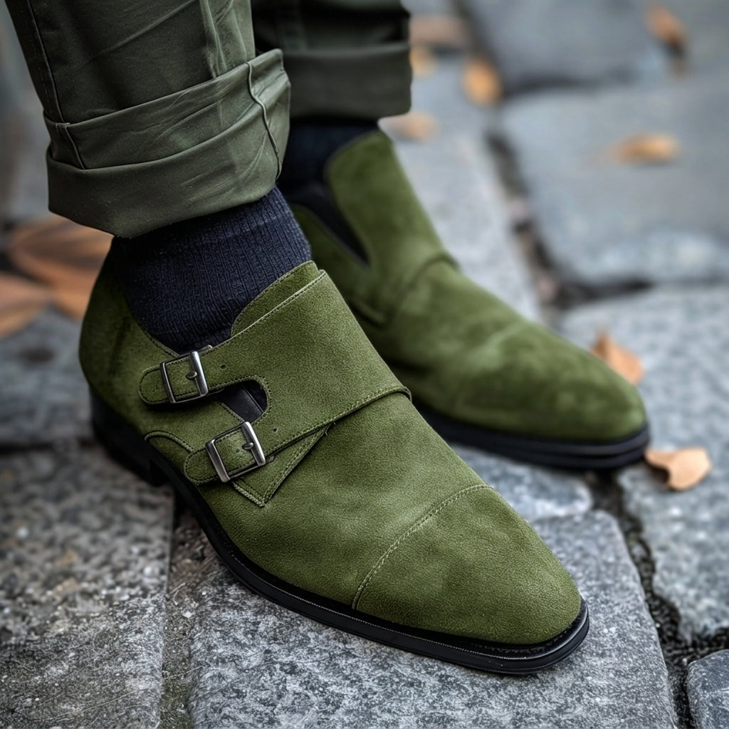 Green Leather and Suede Bortolo Monk Straps