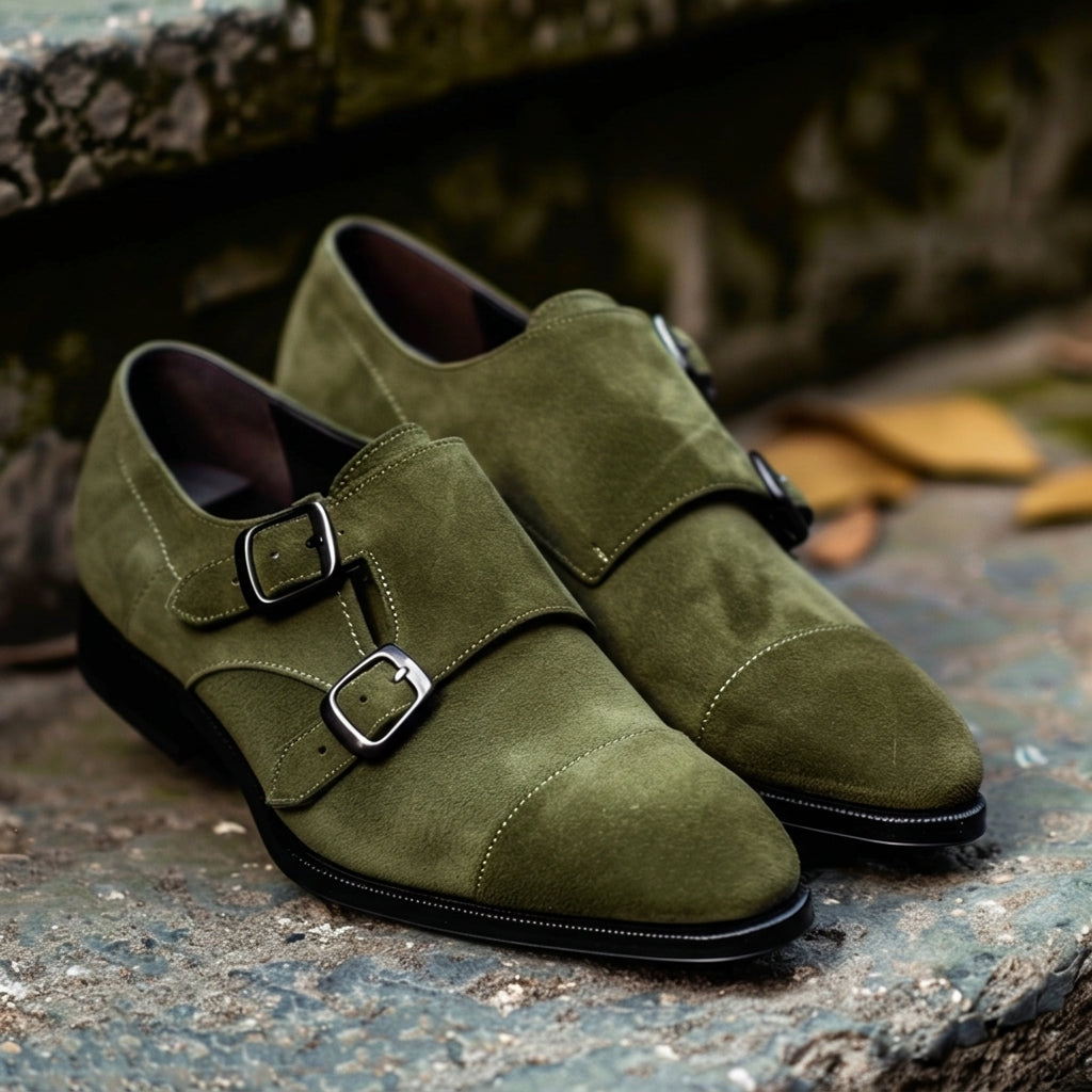 Green Leather and Suede Calogero Monk Straps