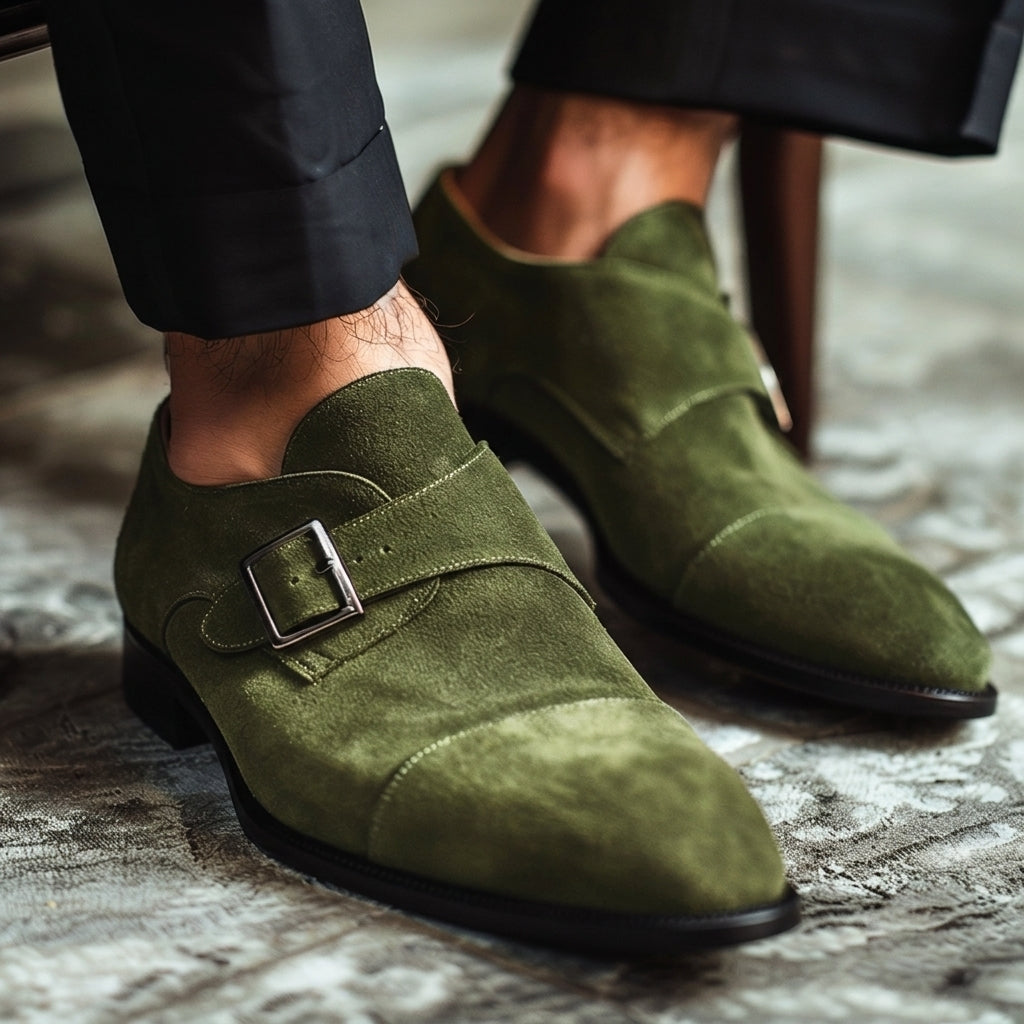 Green Leather and Suede Cirillo Monk Straps