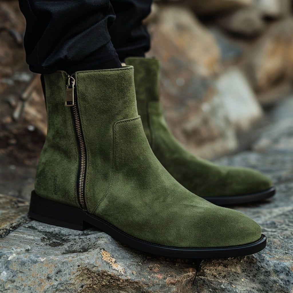 Green Suede Pompeo Zipper Boots