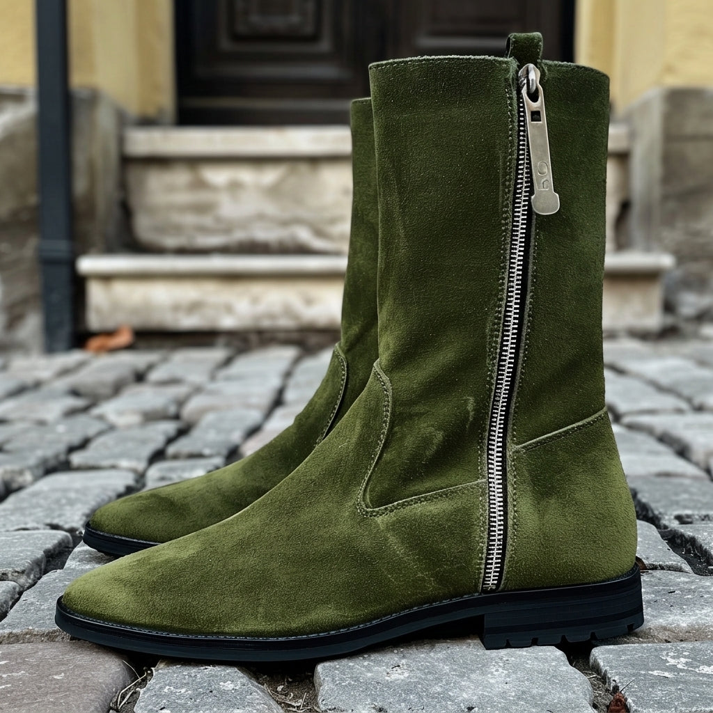 Green Suede Prospero Zipper Boots