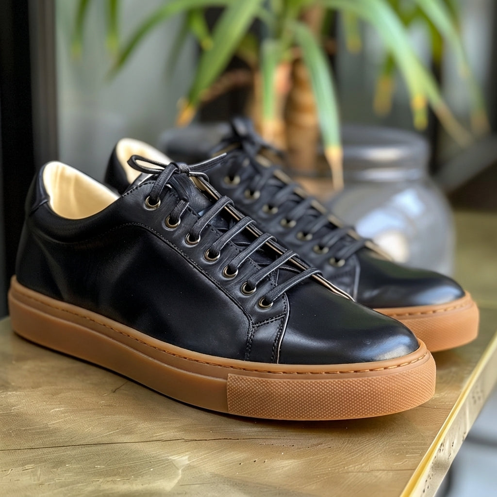 Black Leather Raniero Lace-Up Sneakers With Honey Colour Sole