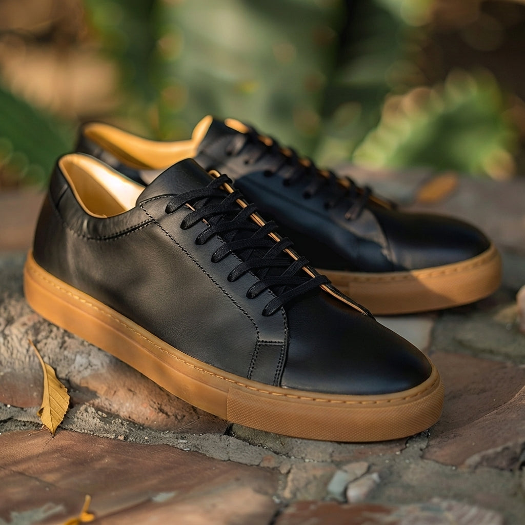 Black Leather Remigio Lace-Up Sneakers With Honey Colour Sole