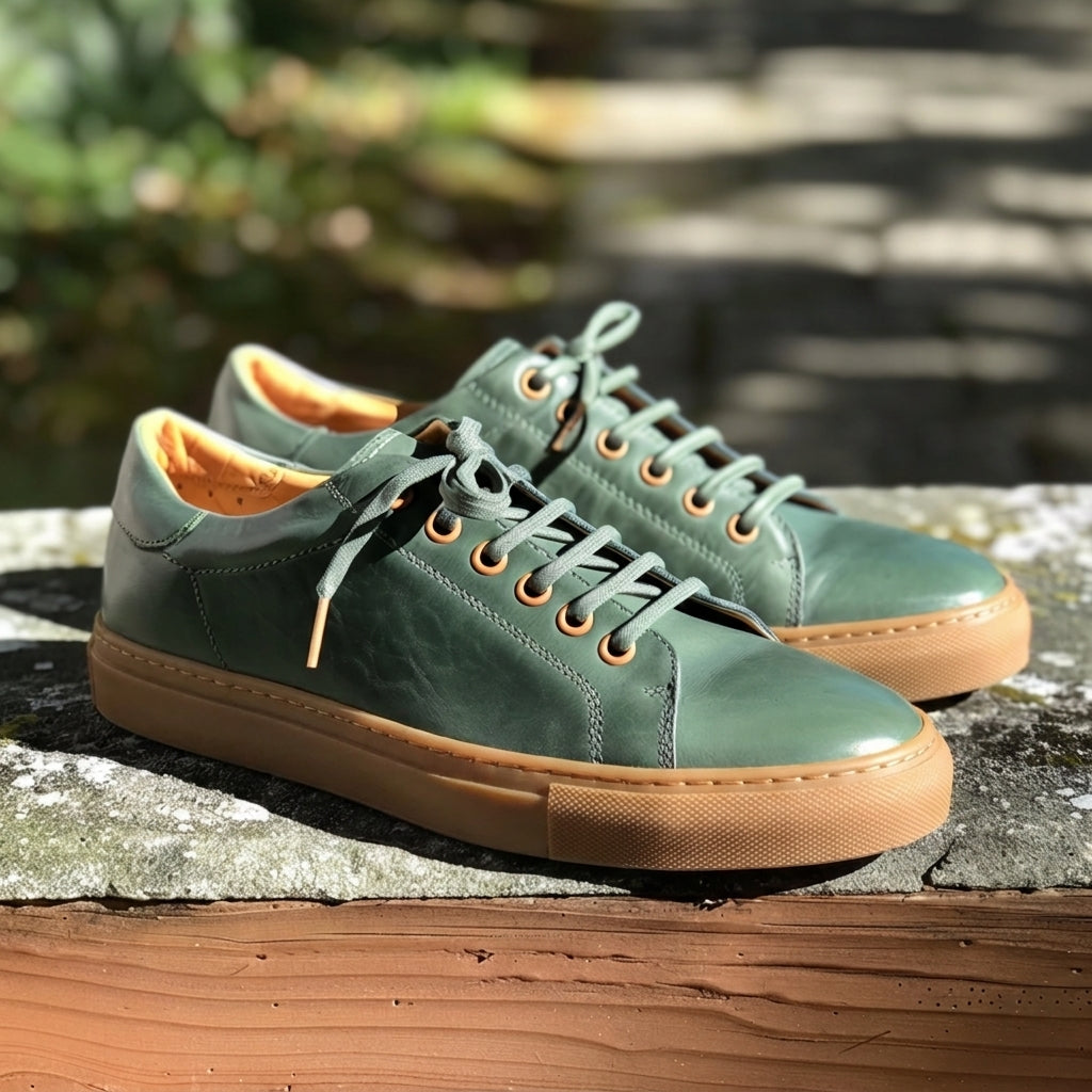 Green Leather Renato Lace-Up Sneakers With Honey Colour Sole