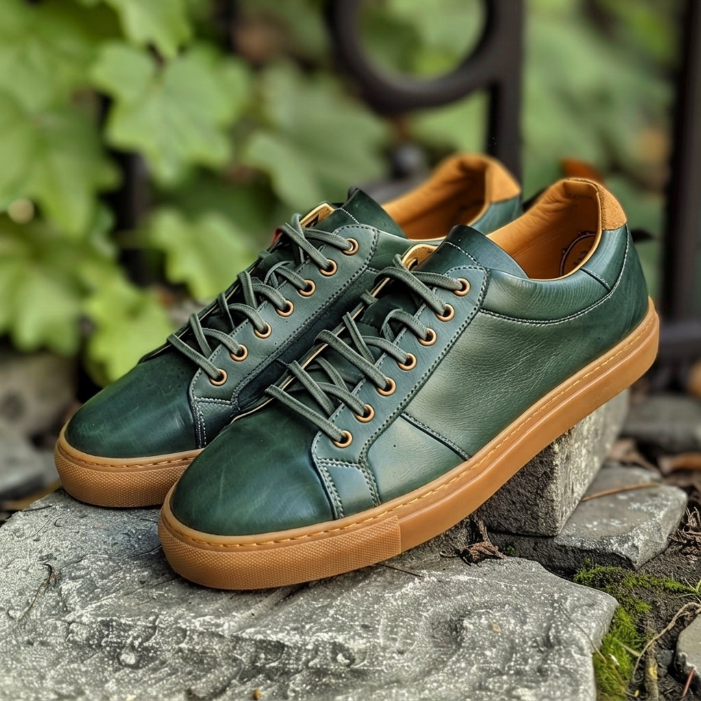 Green Leather Rodolfo Lace-Up Sneakers With Honey Colour Sole