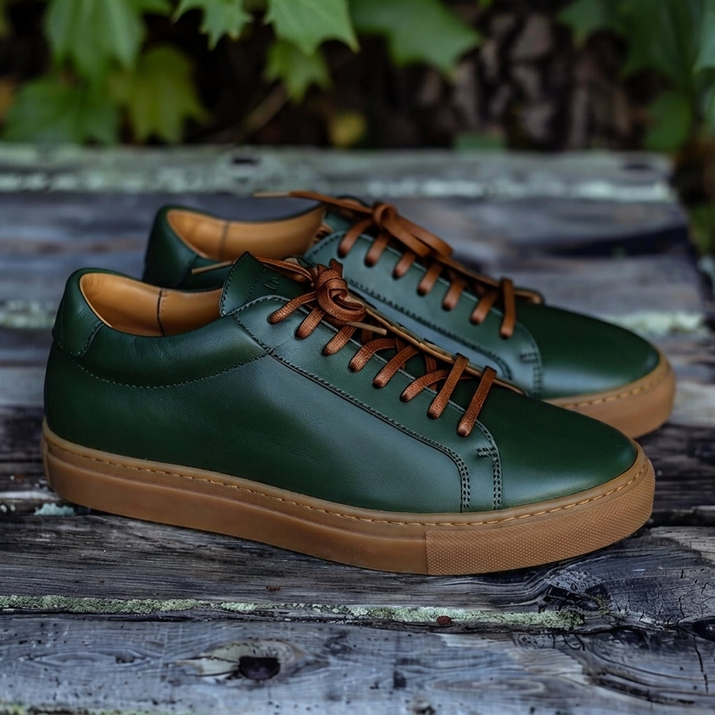 Green Leather Rocco Lace-Up Sneakers With Honey Colour Sole