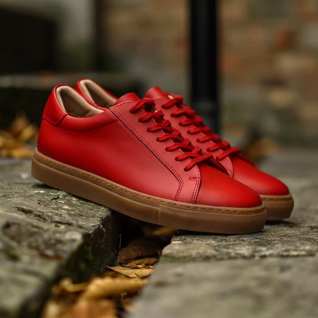 Red Leather Romeo Lace-Up Sneakers With Honey Colour Sole