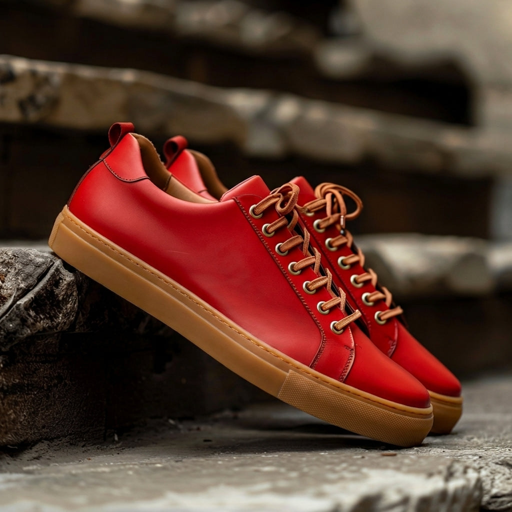 Red Leather Rosario Lace-Up Sneakers With Honey Colour Sole