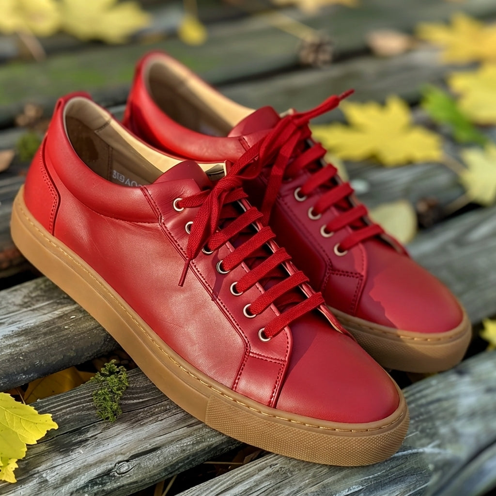 Red Leather Sabino Lace-Up Sneakers With Honey Colour Sole