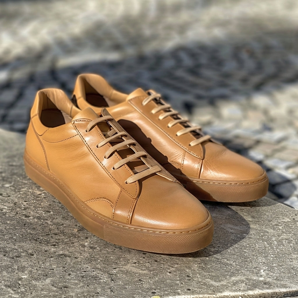 Tan Leather Sante Lace-Up Sneakers With Honey Colour Sole