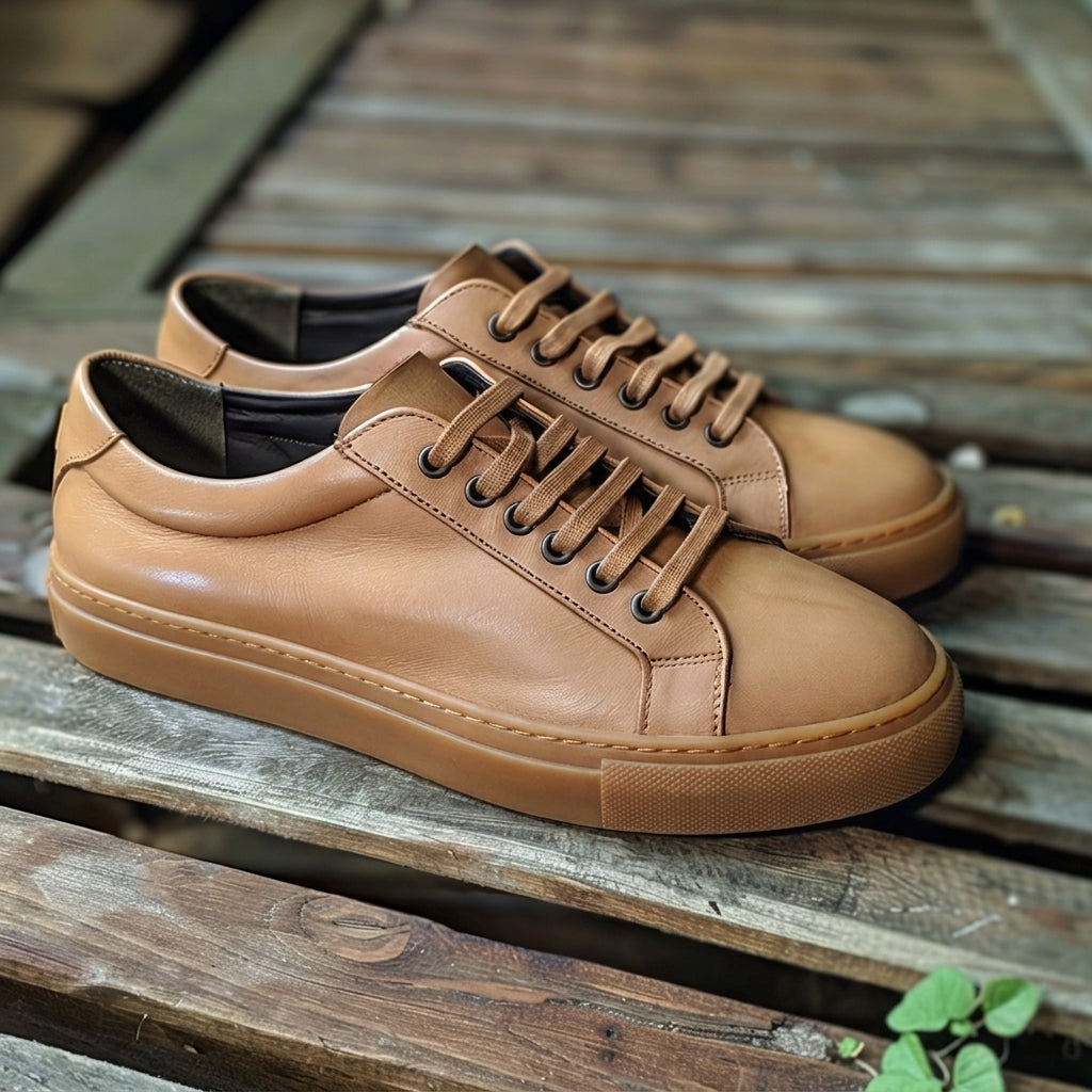 Tan Leather Secondo Lace-Up Sneakers With Honey Colour Sole