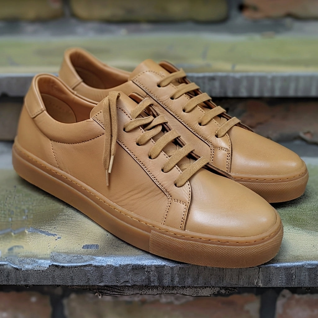 Tan Leather Severino Lace-Up Sneakers With Honey Colour Sole
