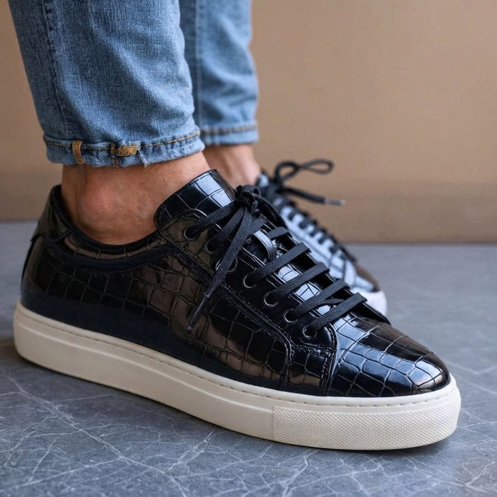 Black Croc Print Leather Natalino Lace Up Sneakers