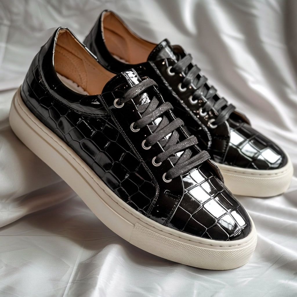 Black Croc Print Leather Nicola Lace Up With White Sole Sneakers