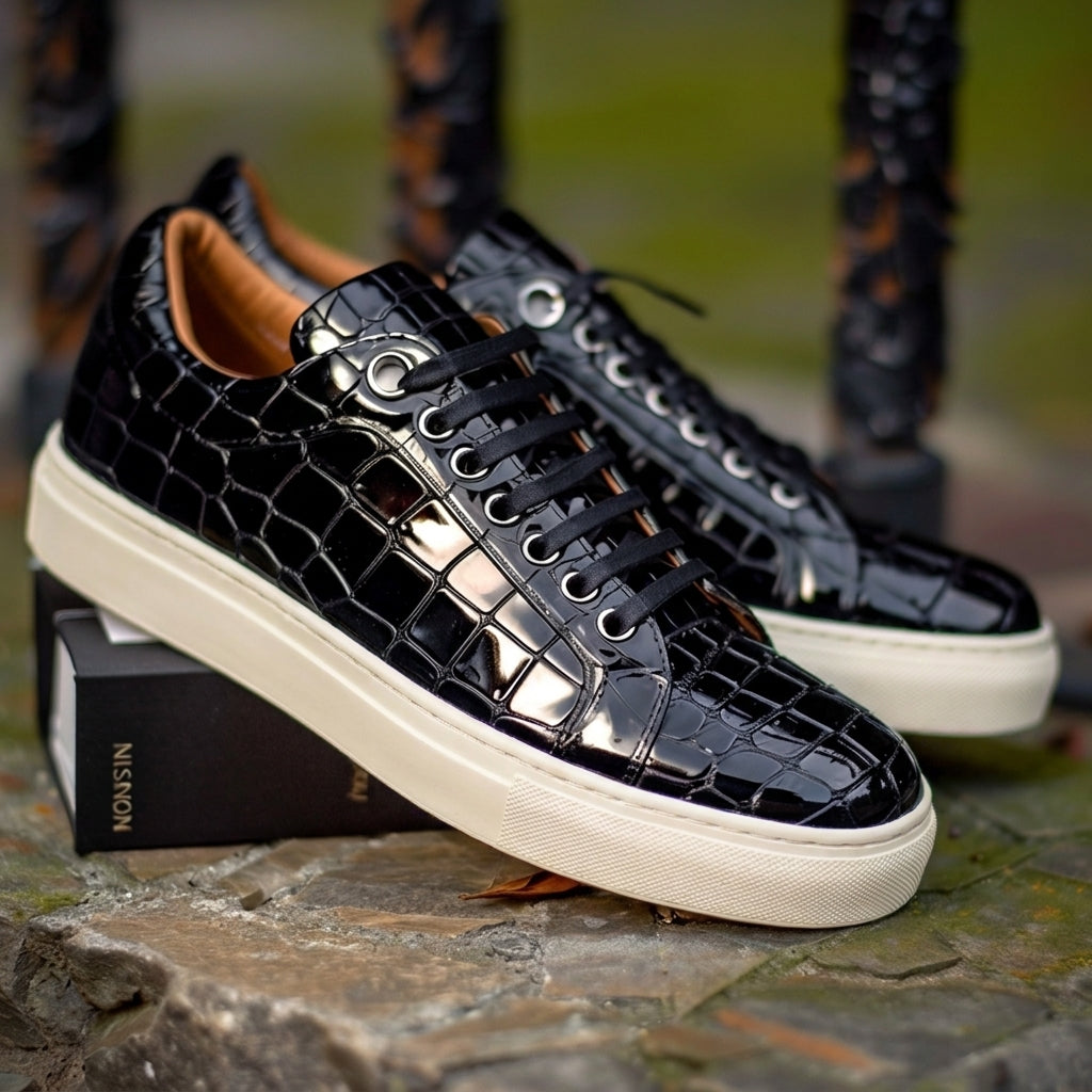 Black Croc Print Leather Nino Lace Up With White Sole Sneakers