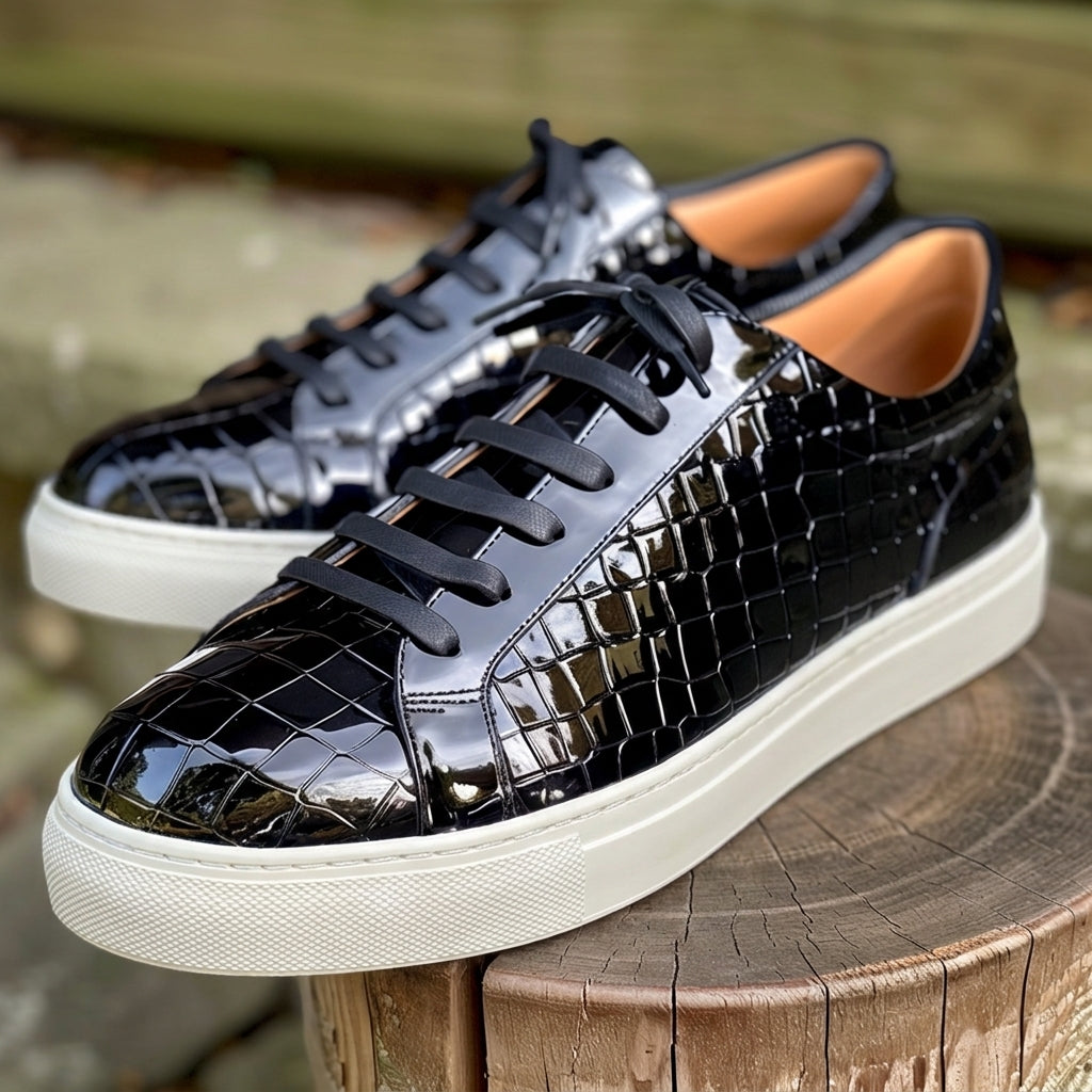 Black Croc Print Leather Oreste Lace Up With White Sole Sneakers