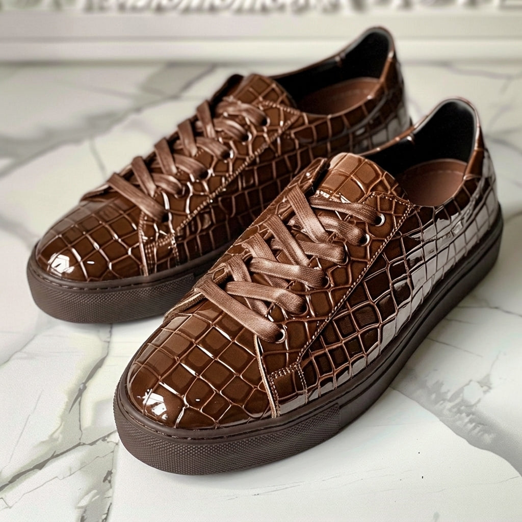 Brown Croc Print Leather Orfeo Lace Up Sneakers