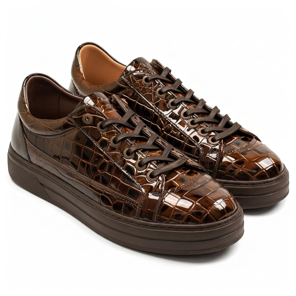Brown Croc Print Leather Orlando Lace Up Sneakers