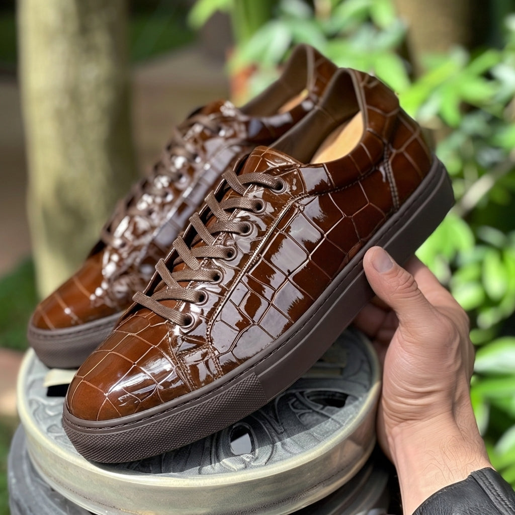 Brown Croc Print Leather Paciano Lace Up Sneakers