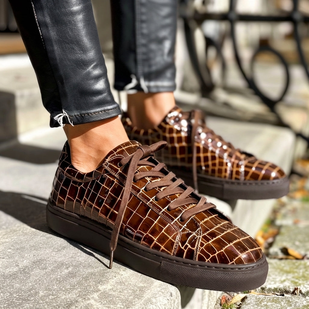 Brown Croc Print Leather Pacifico Lace Up Sneakers