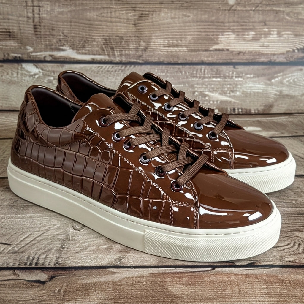 Brown Croc Print Leather Palmiro Lace Up With White Sole Sneakers
