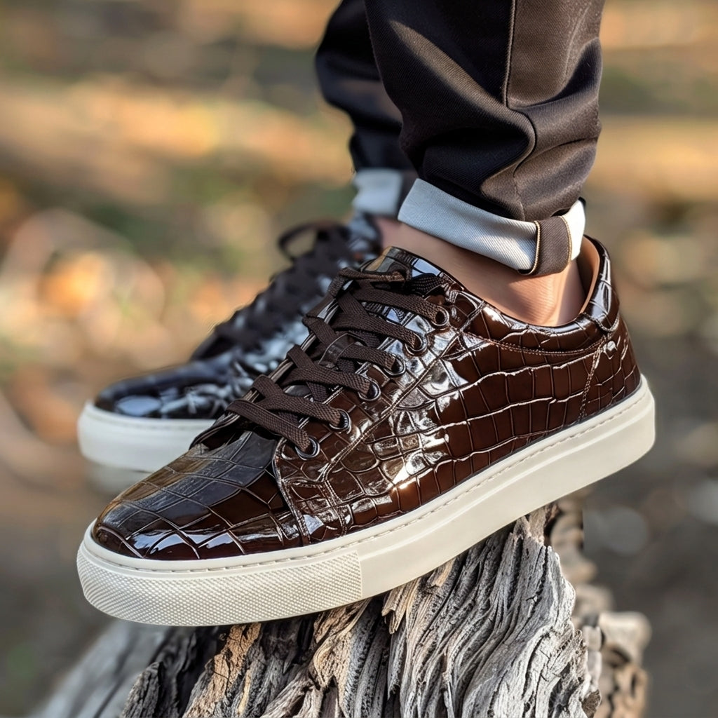 Brown Croc Print Leather Pantalone Lace Up With White Sole Sneakers