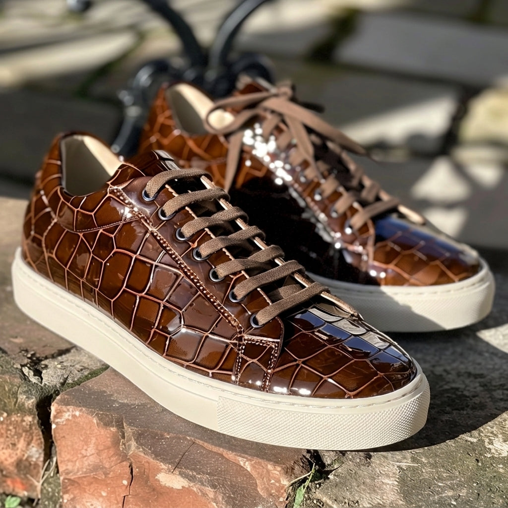 Brown Croc Print Leather Pantaleo Lace Up With White Sole Sneakers