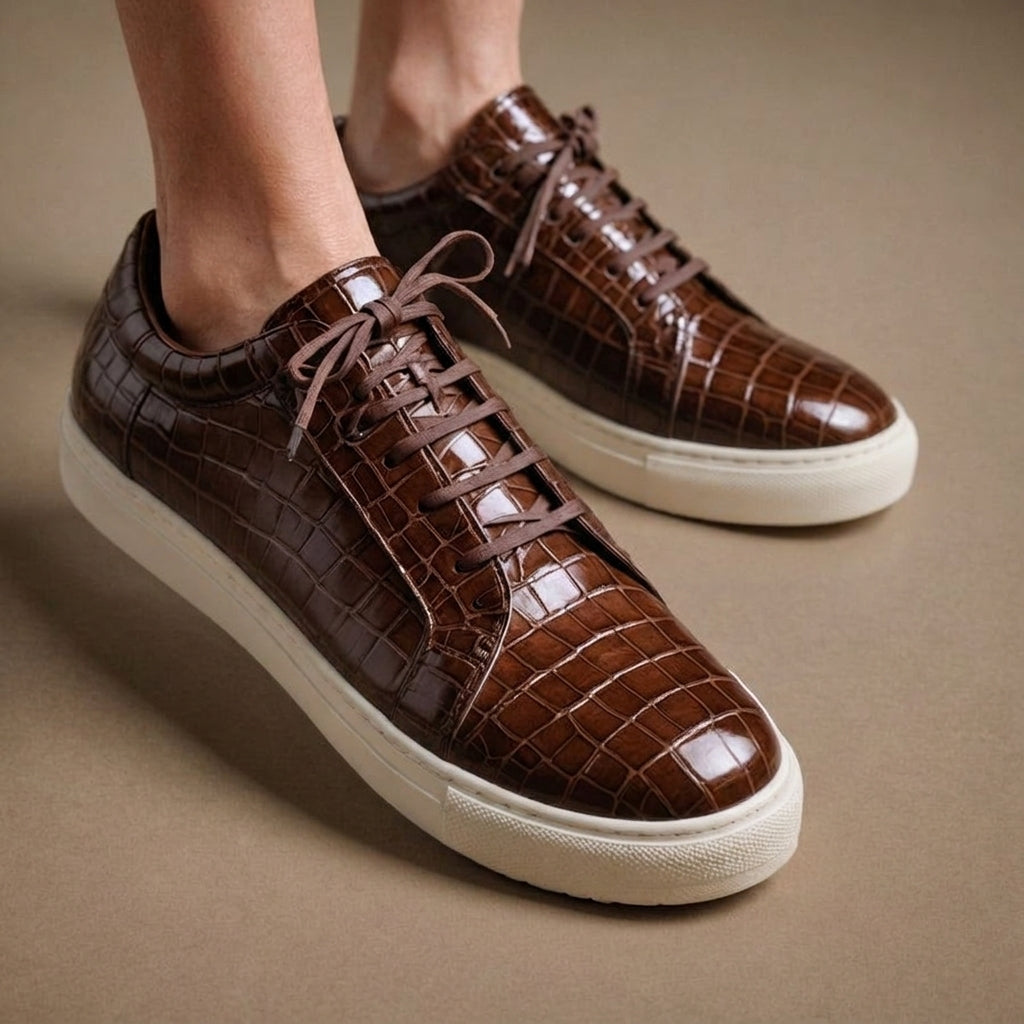 Brown Croc Print Leather Paride Lace Up With White Sole Sneakers
