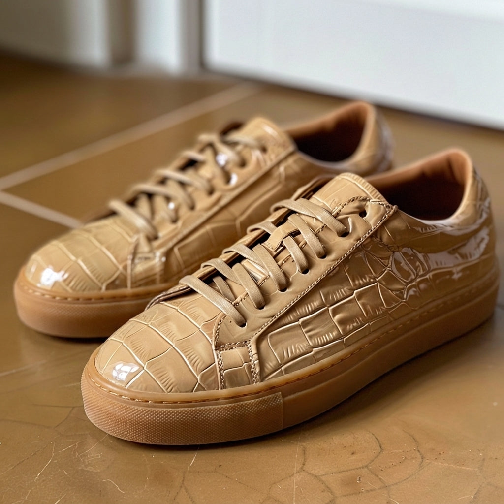 Tan Croc Print Leather Pasquale Lace Up Sneakers