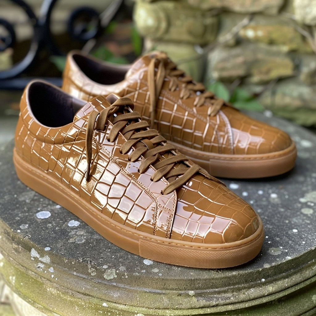 Tan Croc Print Leather Patrizio Lace Up Sneakers