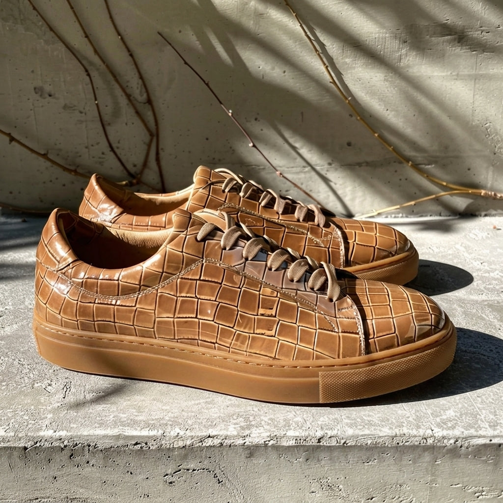 Tan Croc Print Leather Pellegrino Lace Up Sneakers