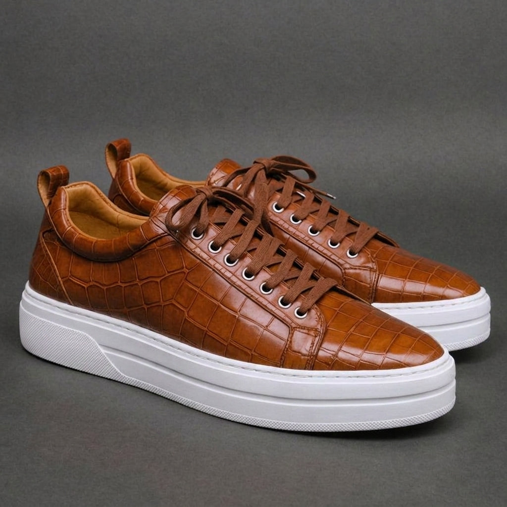 Tan Croc Print Leather Quasimodo Lace Up With White Sole Sneakers