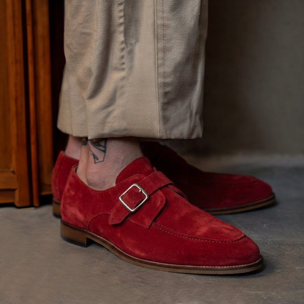Red Suede Leather Pancrazio Slip-On Monk Straps