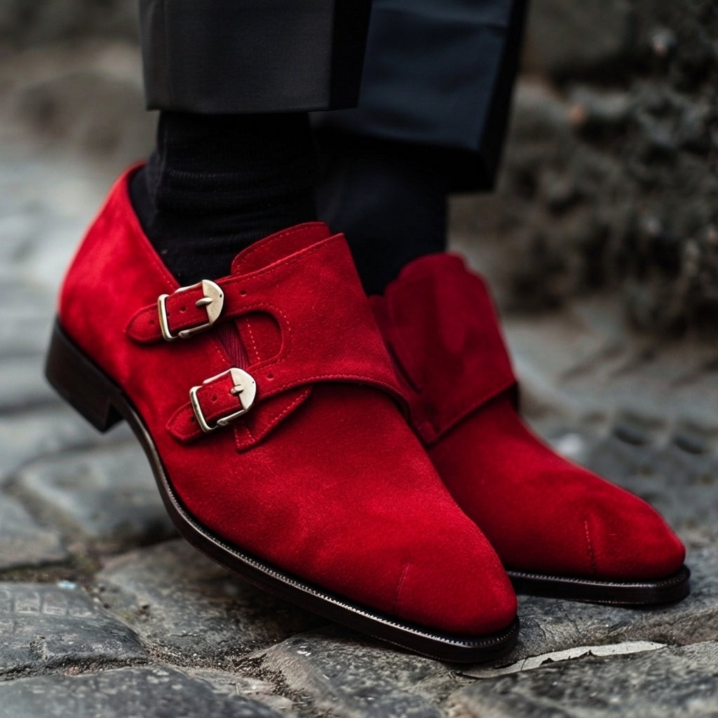 Red Suede Leather Paolo Slip-On Monk Straps