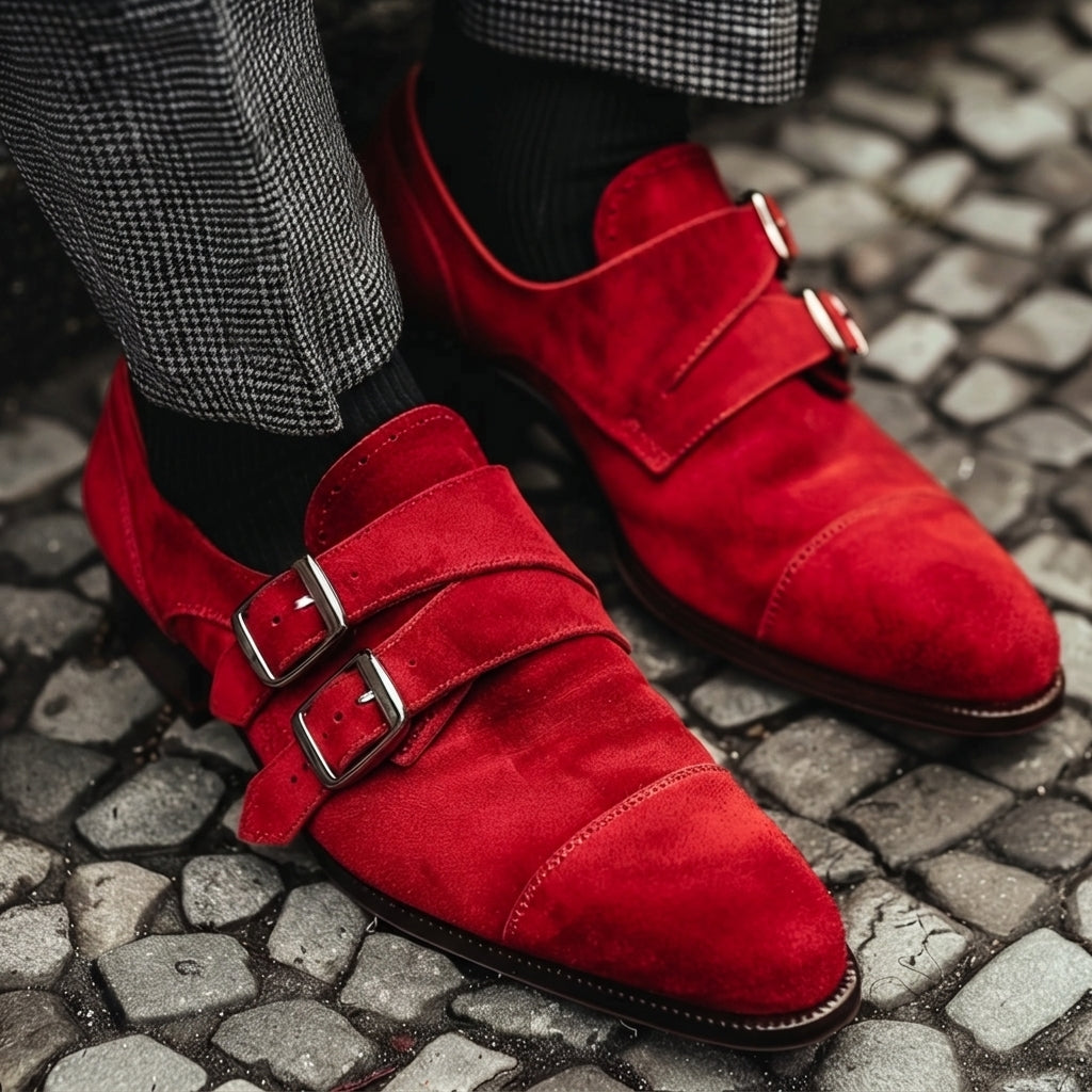 Red Suede Leather Pellegrino Slip-On Monk Straps