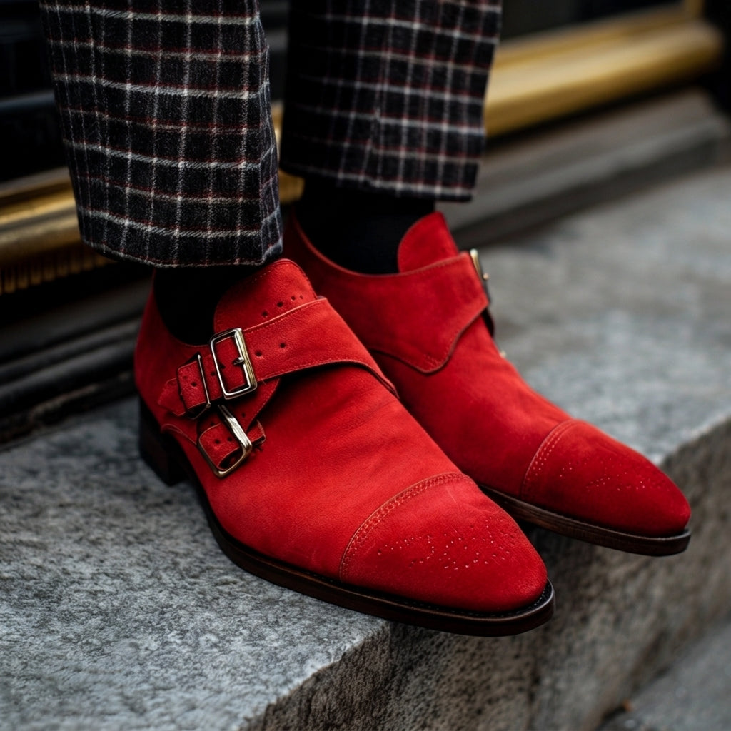 Red Suede Leather Penitente Slip-On Monk Straps