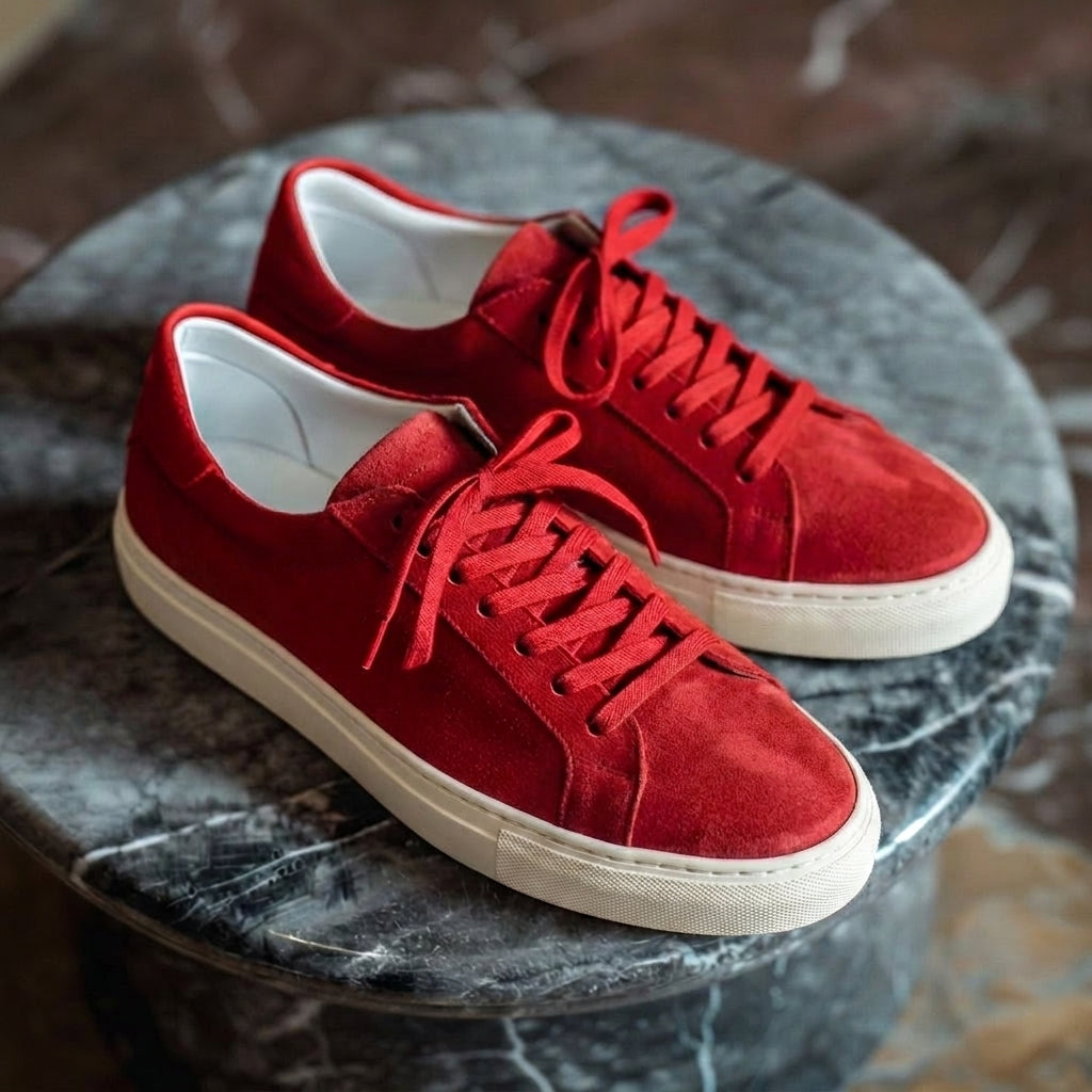 Red Suede Leather Quirino Lace-Up With White Sole Sneakers