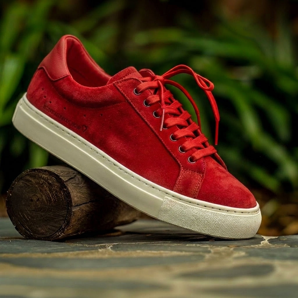 Red Suede Leather Raimondo Lace-Up With White Sole Sneakers
