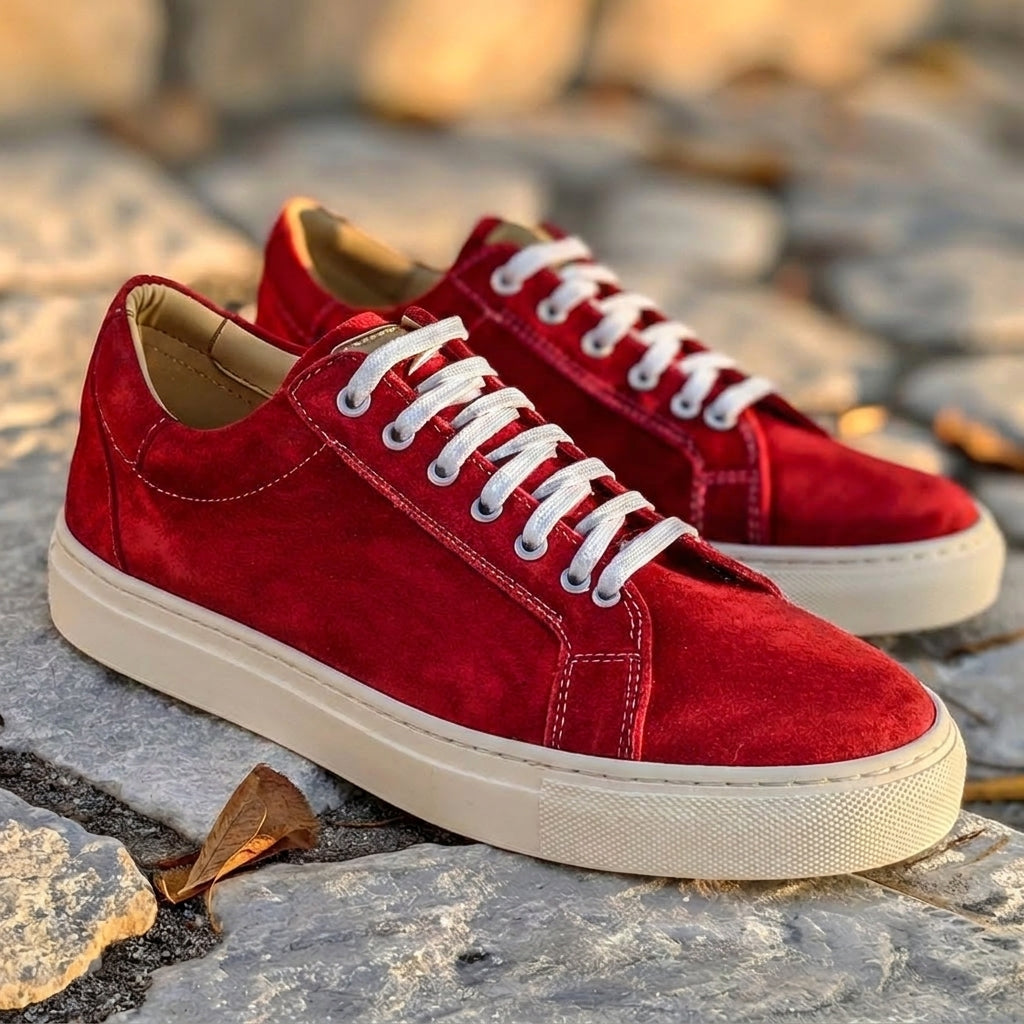 Red Suede Leather Raniero Lace-Up With White Sole Sneakers
