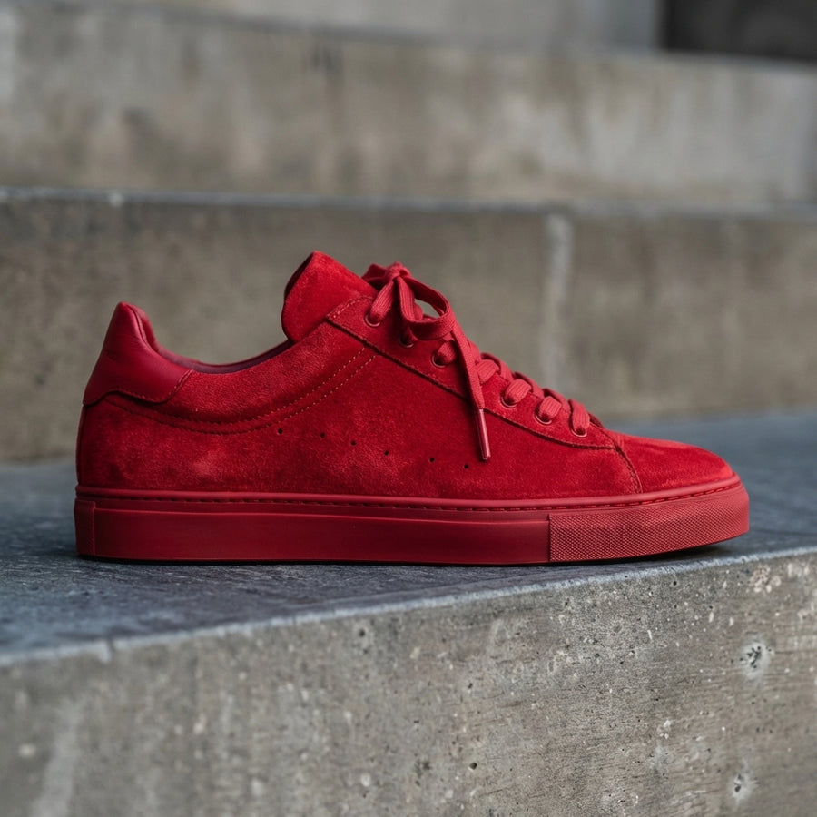 Red Suede Leather Remigio Lace-Up With Red Sole Sneakers