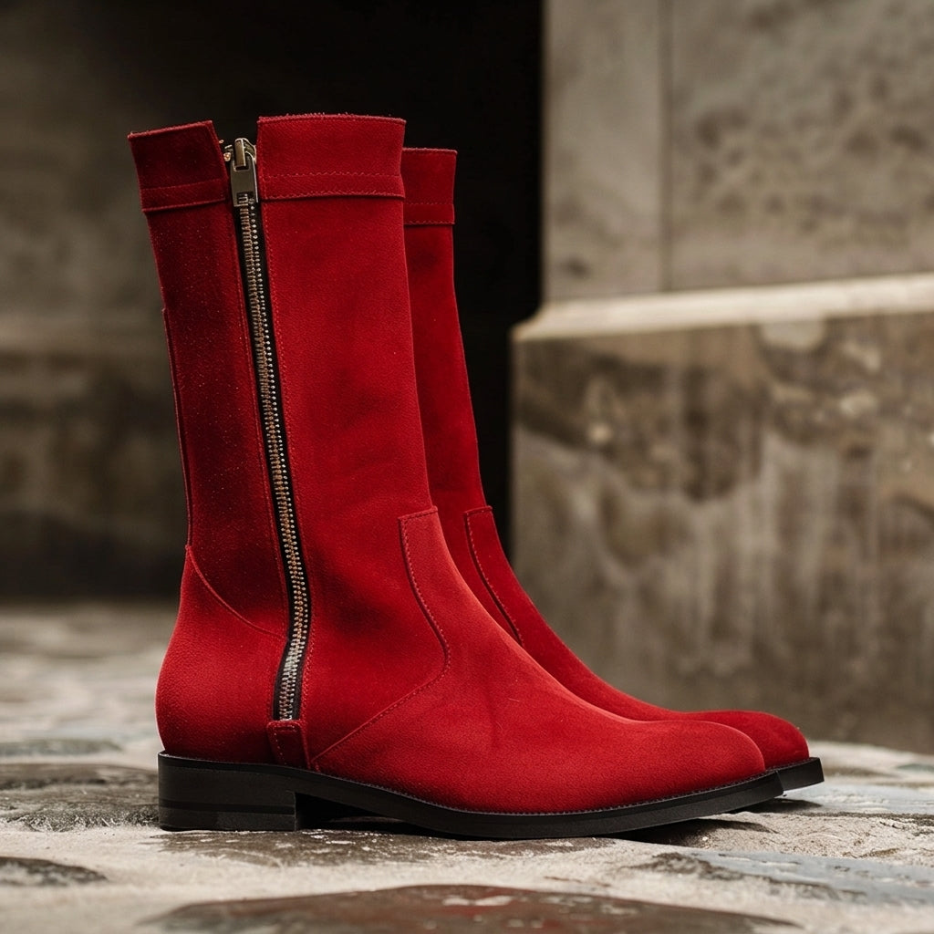 Red Suede Leather Sabino Slip-on Zipper Boot