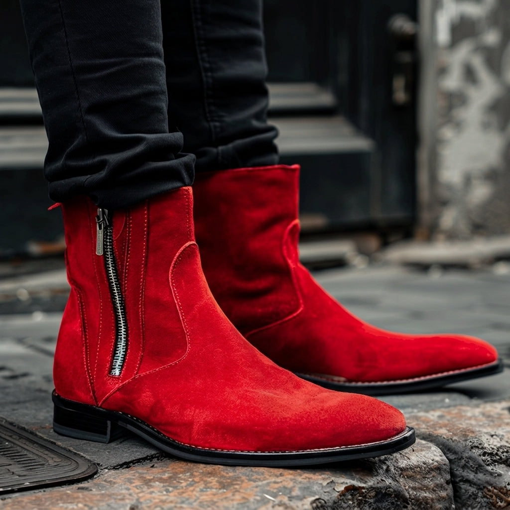 Red Suede Leather Salvatore Slip-on Zipper Boot