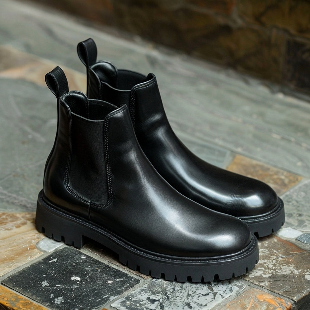 Black Leather Ammone With Thick Sole Chelsea Boot: The Royale Collection