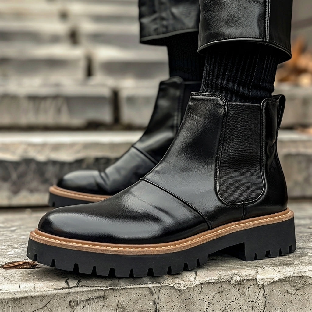 Black Leather Amodeo With Thick Sole Chelsea Boot