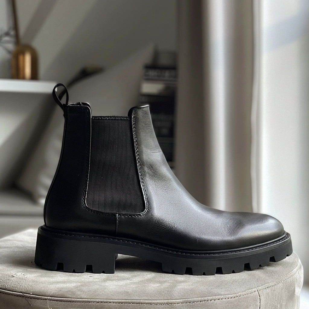 Black Leather Angelico With Thick Sole Chelsea Boot