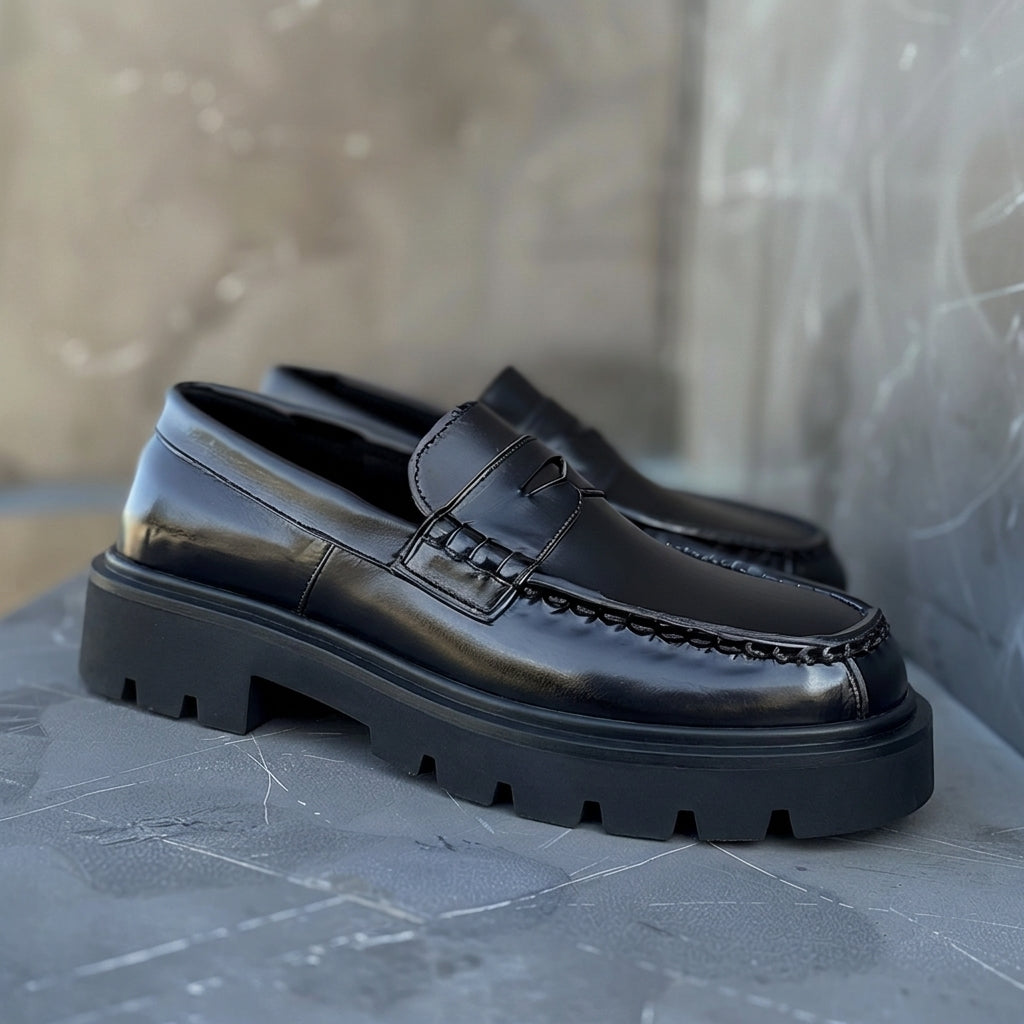 Black Leather Armando With Thick Sole Loafers