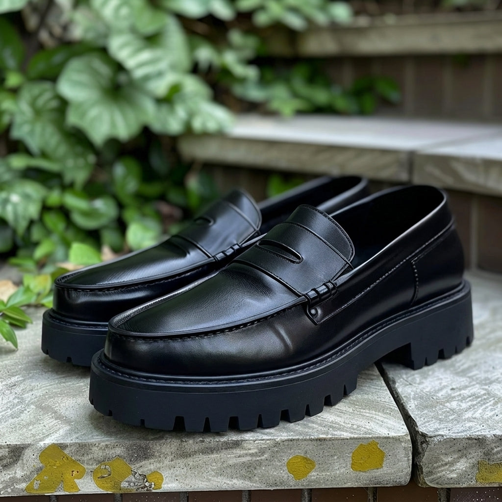 Black Leather Asdrubale With Thick Sole Loafers: The Royale Collection