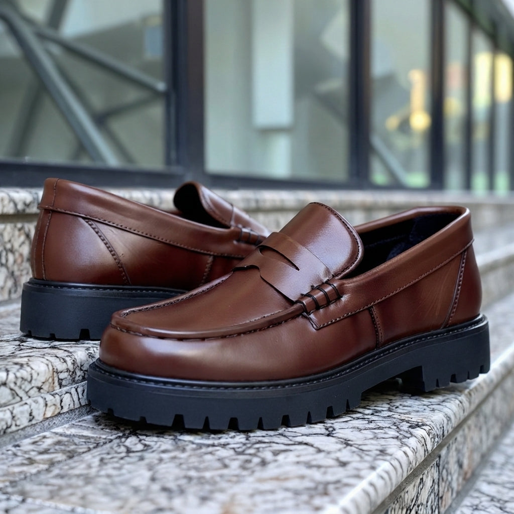 Brown Leather Attilio With Thick Sole Loafers