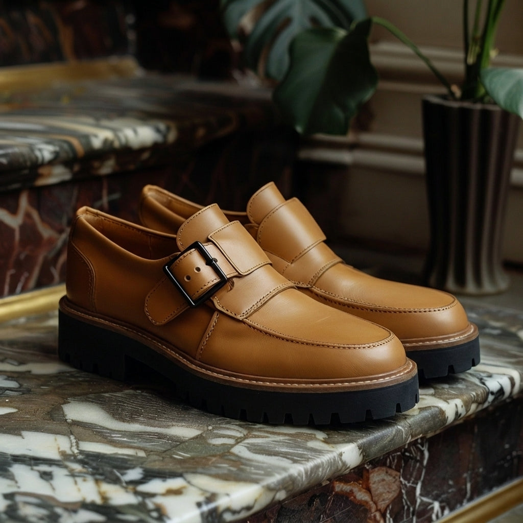 Tan Leather Brenno With Thick Sole Loafers