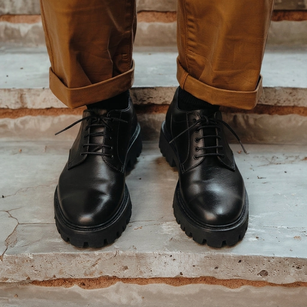 Black Leather Cangrande With Thick Sole Derby Shoe: The Royale Collection